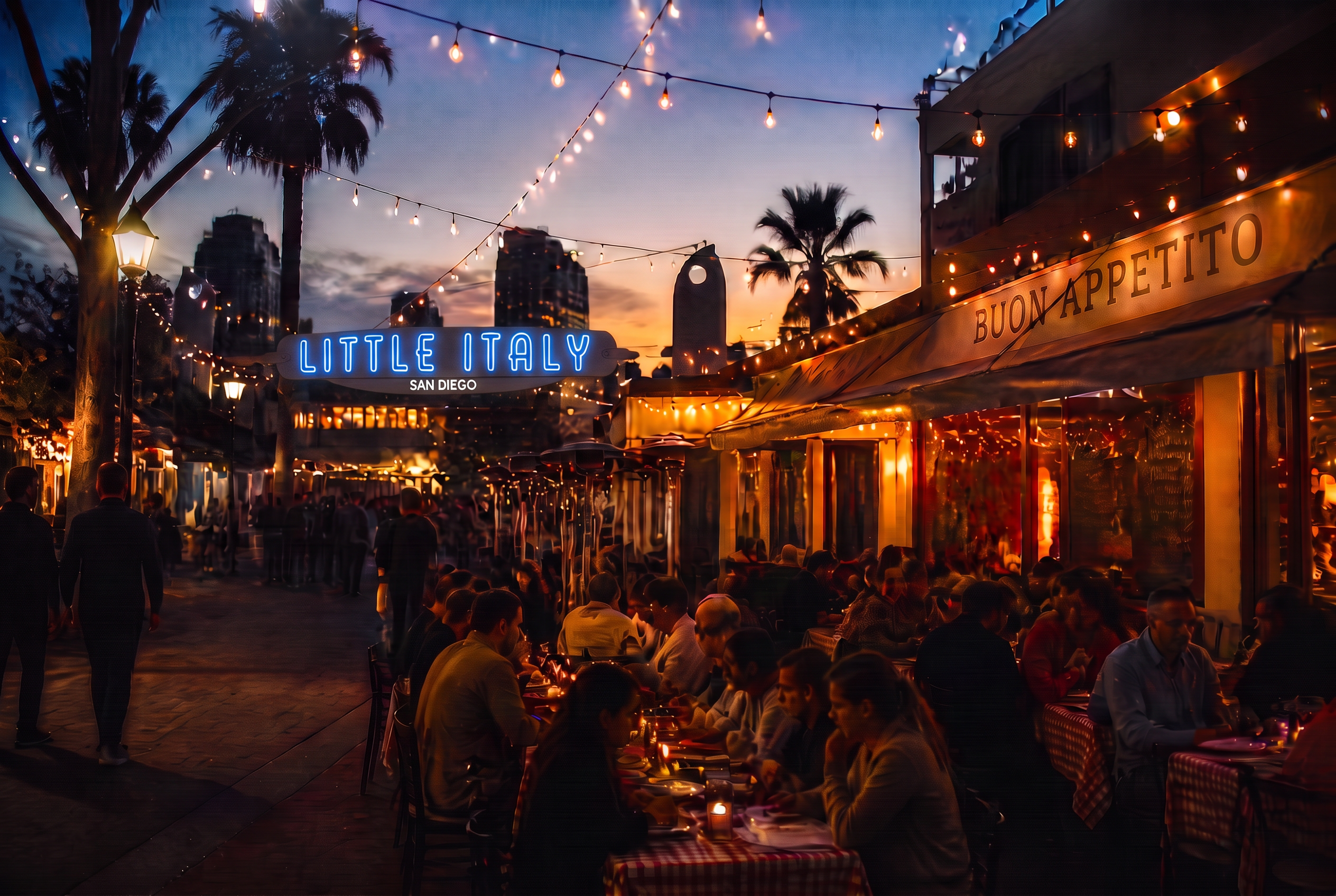 Dusk over a lively Little Italy street in San Diego